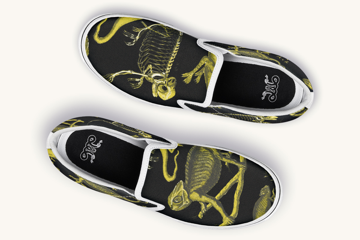 Reptilian In Bloom Yellow Black Slip On Shoes - Jaded Lament