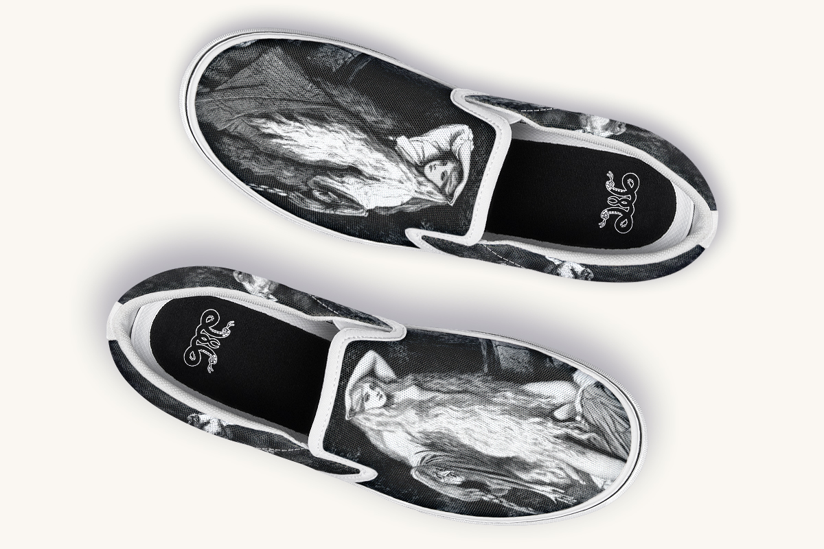 She Watched The Bones Sink Black Slip On Shoes - Jaded Lament