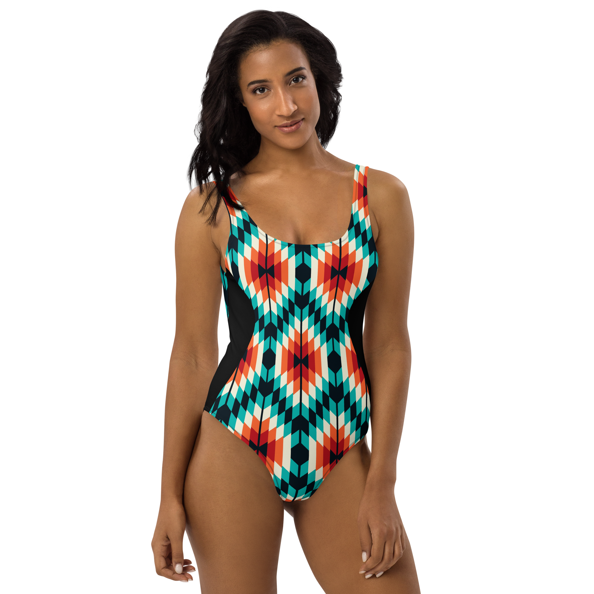 Teal and Orange Summer Azteca Print Ladies Swimsuit