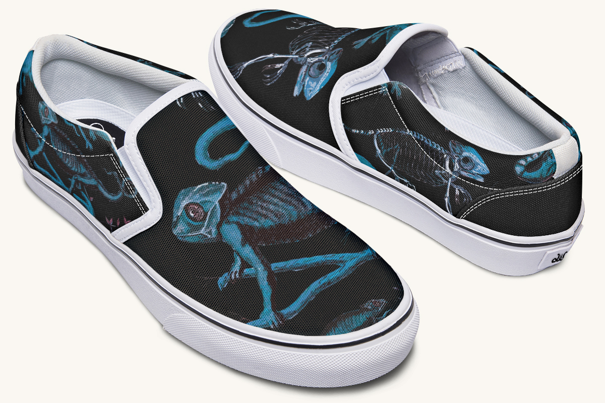Reptilian In Bloom Blue Black Slip On Shoes - Jaded Lament