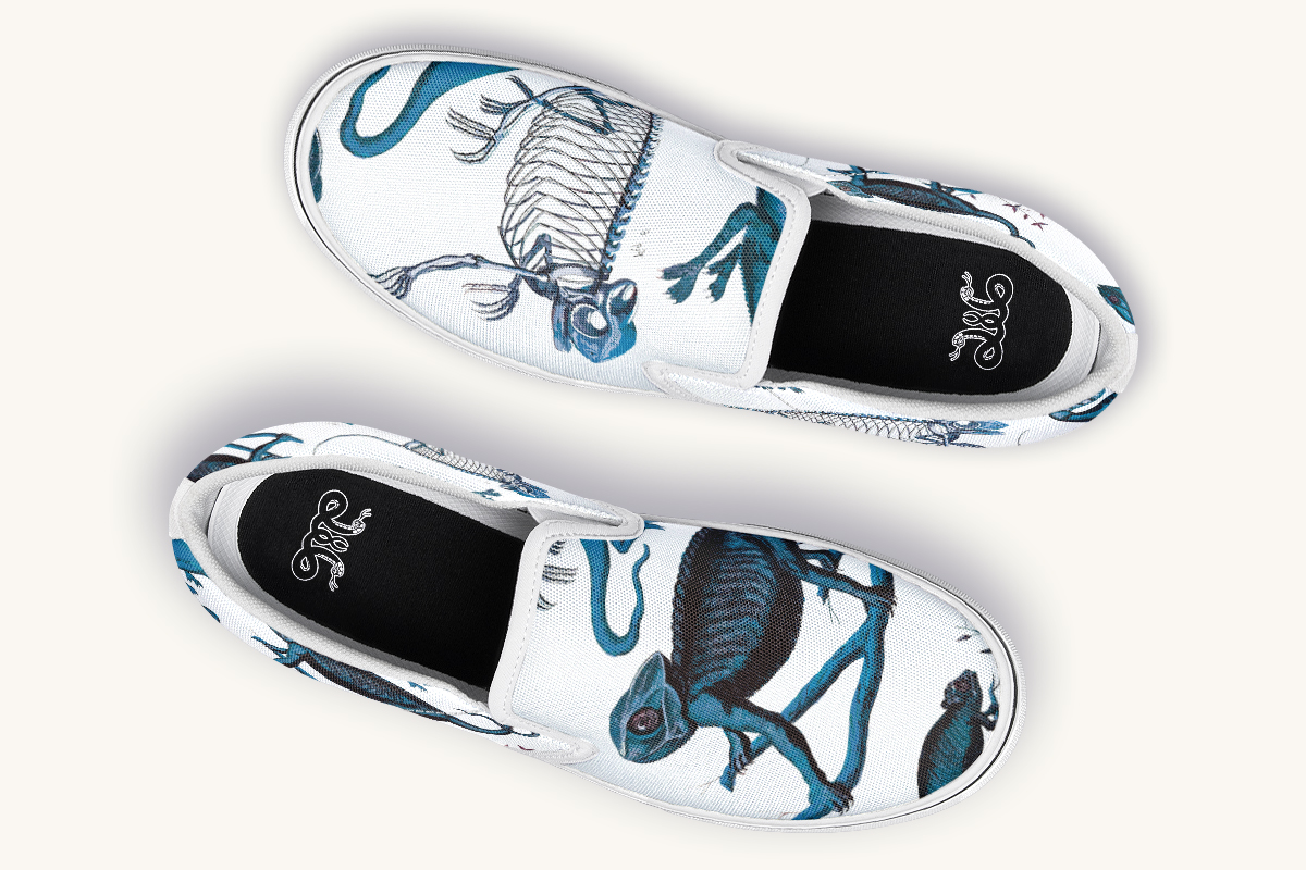 Reptilian In Bloom Blue White Slip On Shoes - Jaded Lament