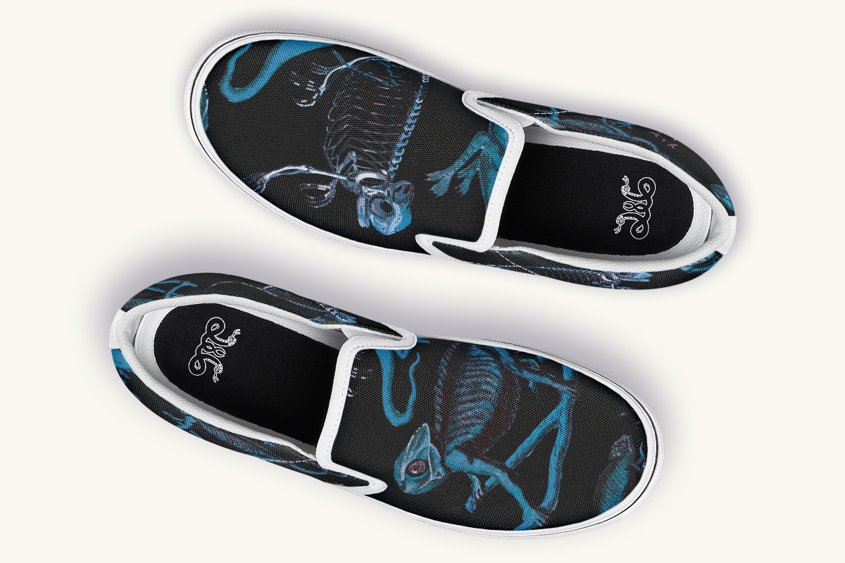 Reptilian In Bloom Blue Black Slip On Shoes - Jaded Lament
