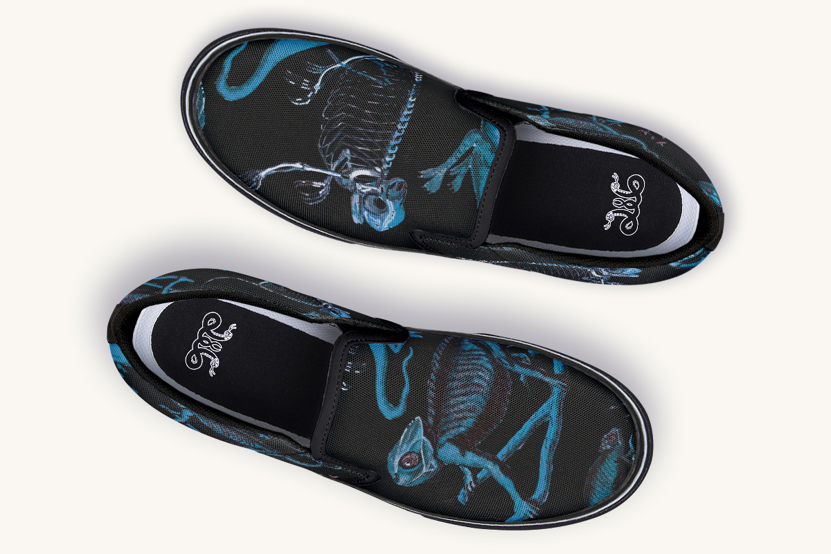 Reptilian In Bloom Blue Black Slip On Shoes - Jaded Lament