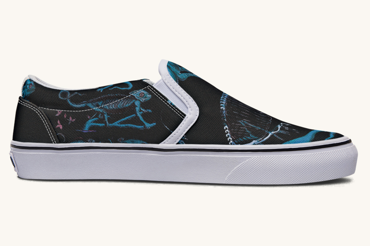 Reptilian In Bloom Blue Black Slip On Shoes - Jaded Lament