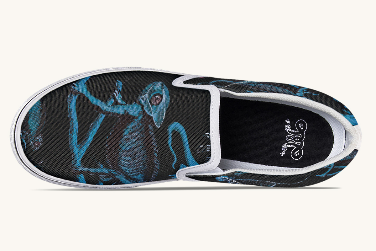 Reptilian In Bloom Blue Black Slip On Shoes - Jaded Lament