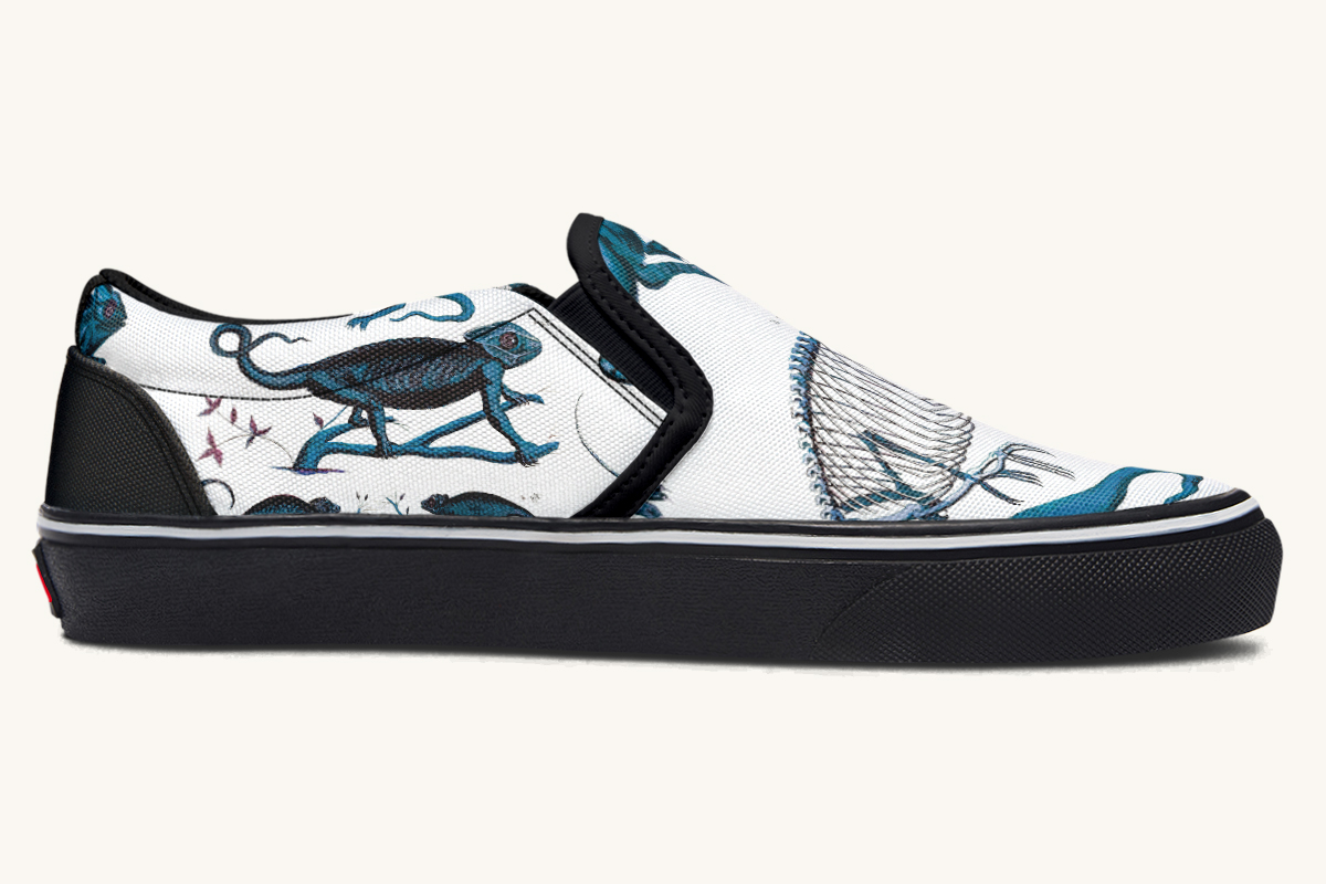 Reptilian In Bloom Blue White Slip On Shoes - Jaded Lament