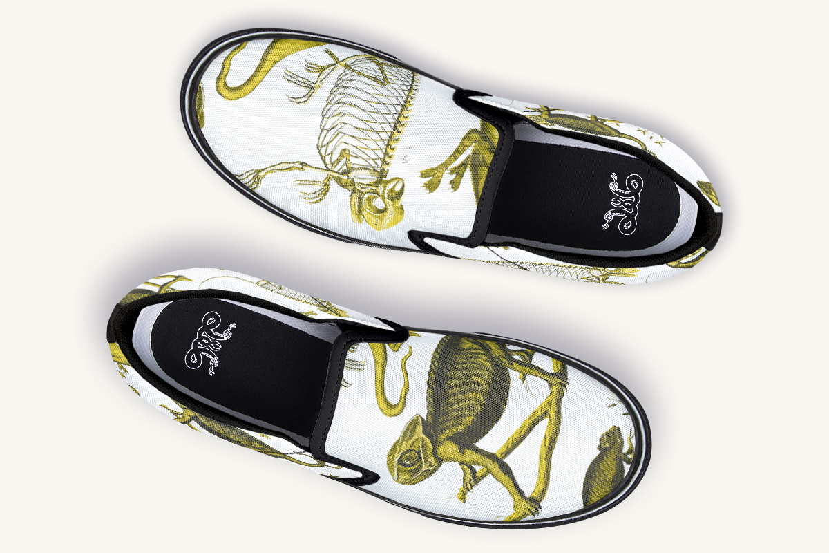 Reptilian In Bloom Yellow White Slip On Shoes - Jaded Lament