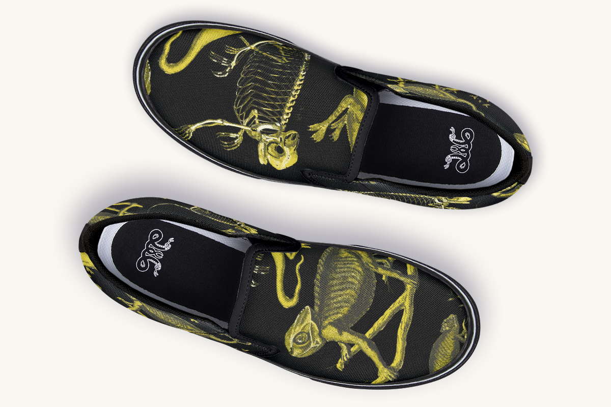 Reptilian In Bloom Yellow Black Slip On Shoes - Jaded Lament