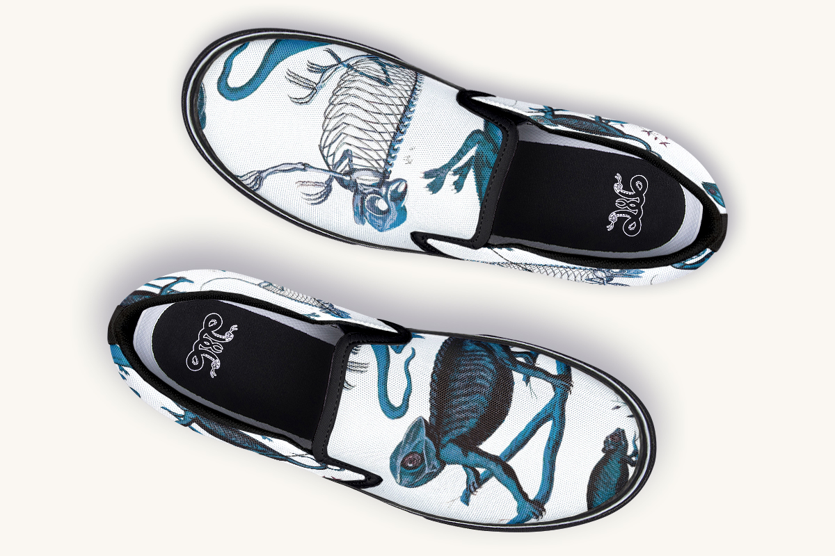 Reptilian In Bloom Blue White Slip On Shoes - Jaded Lament