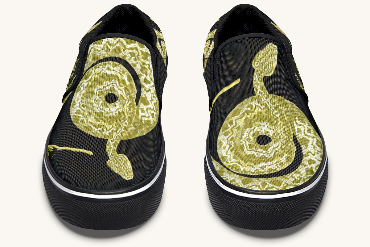 Serpent in Bloom Gold on Black Slip On Shoes