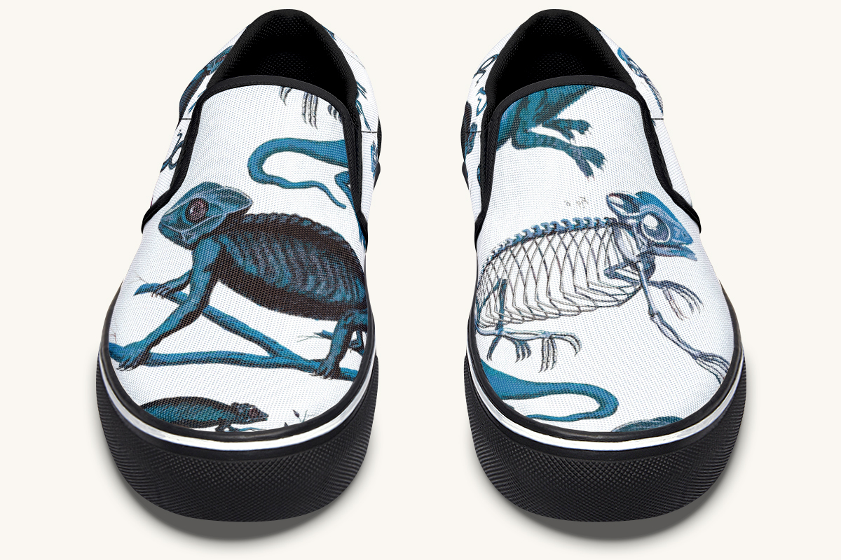 Reptilian In Bloom Blue on White Slip On Shoes