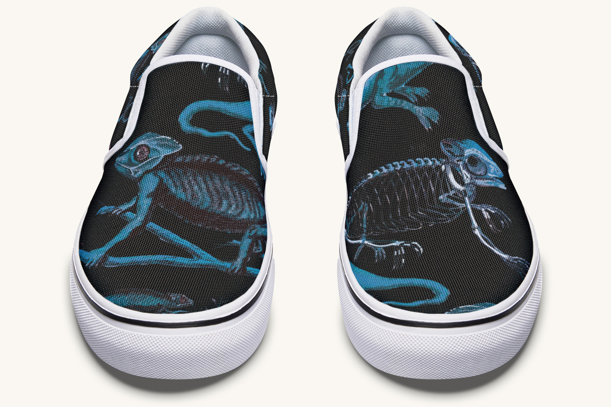 Reptilian In Bloom Blue Black Slip On Shoes - Jaded Lament