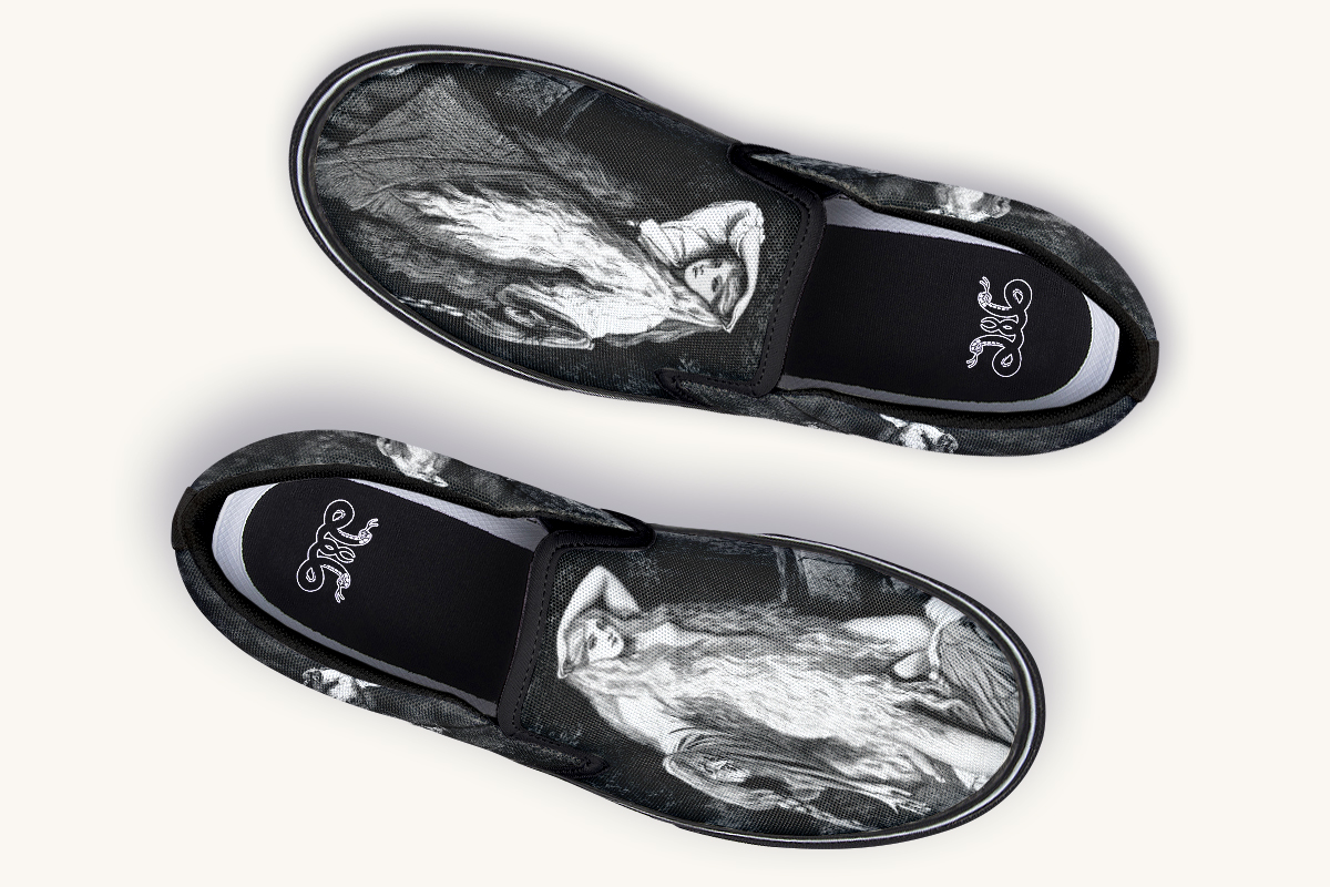 She Watched The Bones Sink Black Slip On Shoes - Jaded Lament