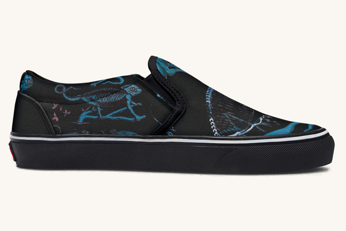 Reptilian In Bloom Blue Black Slip On Shoes - Jaded Lament